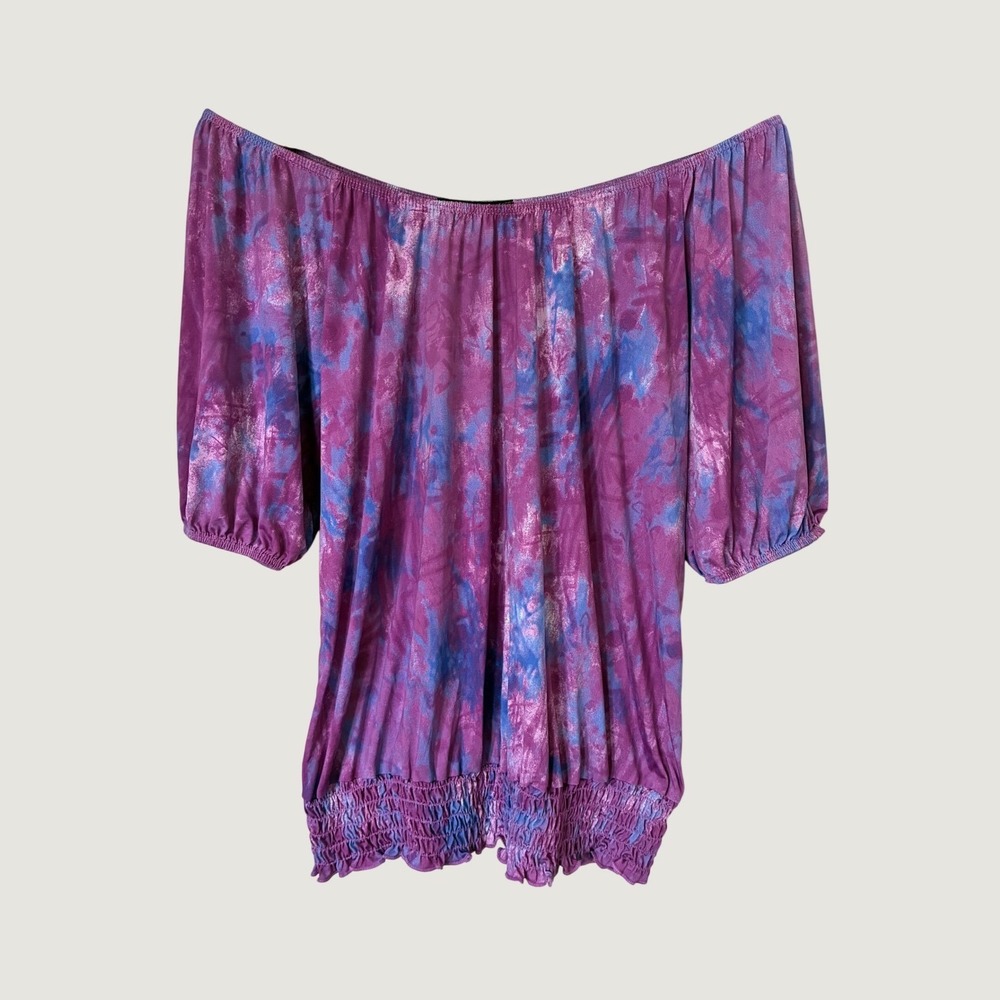 Only Nine Y2K Purple Tie Dye Off The Shoulder Smocked Hem Blouse M Festival